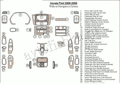 Декоративные накладки салона Honda Pilot 2006-2008 полный набор, без навигации система